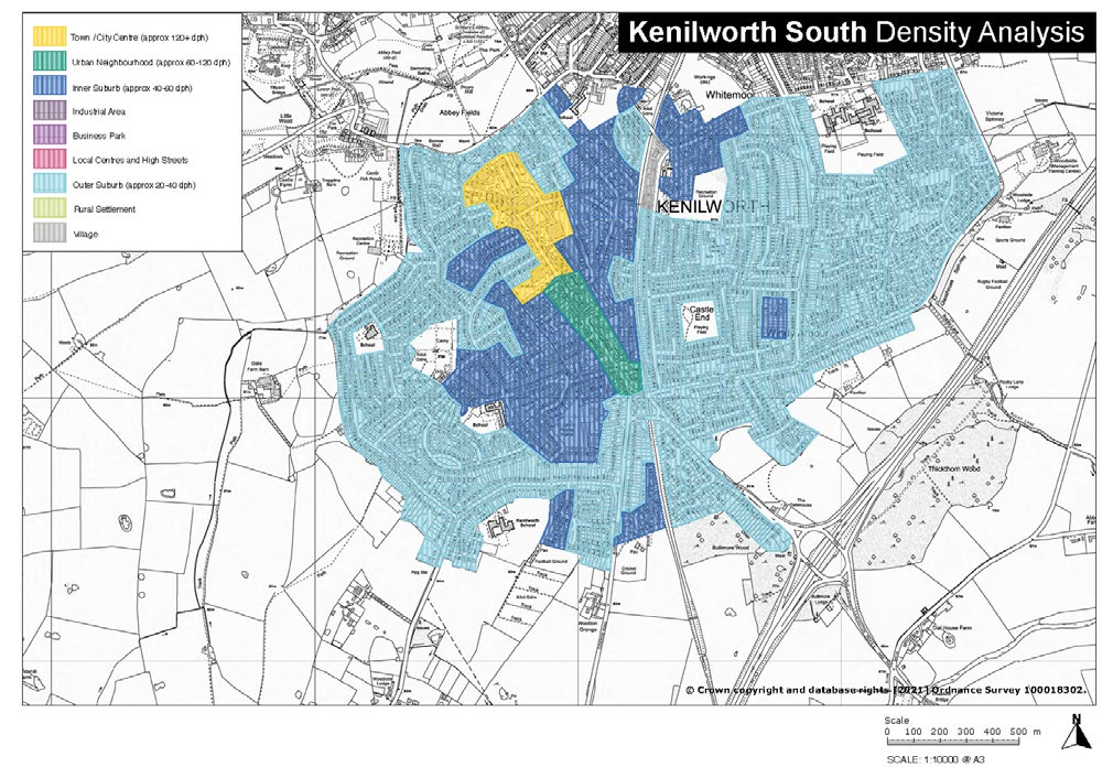Kenilworth South Density Analysis: a map drawn in black lines marked with coloured areas. From the smallest to largest coloured area: green to show Urban Neighbourhood (approx 60-120 dph), yellow indicating Town/City Centre (approx 120+ dph), dark blue for Inner Suburb (approx 40-60dph) and light blue for outer suburb (approx 20-40dph)