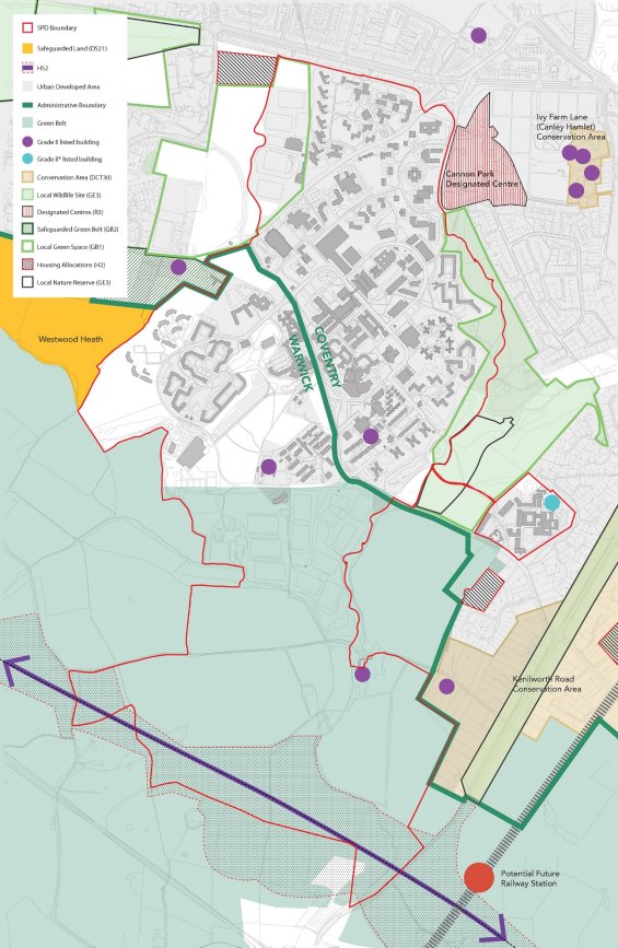 Plan showing the University campus and surrounding area including the boundary of the SPD area with colours defining planning policy designations