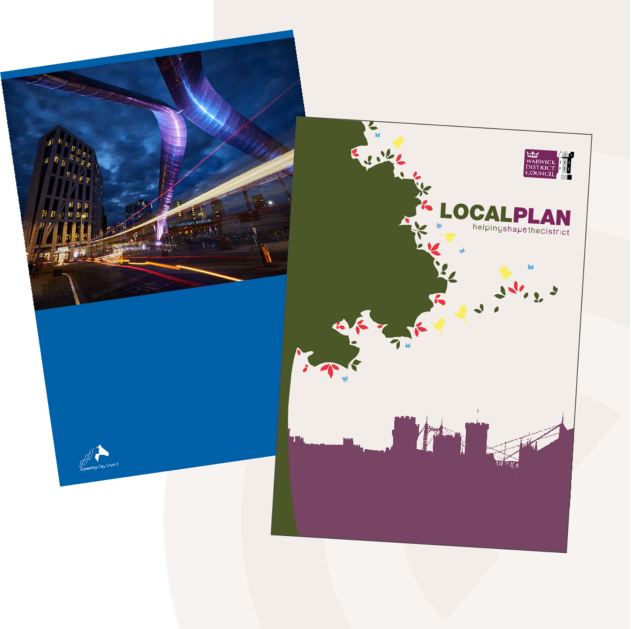 Blue image: front cover of the Coventry City Council Local Plan 2017

Green/Purple image: front cover of the Warwick District Local Plan 2017. 
