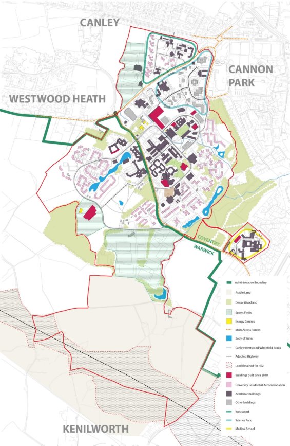 Plan showing the existing University campus and surrounding area including the boundary of the SPD area with colours defining land uses