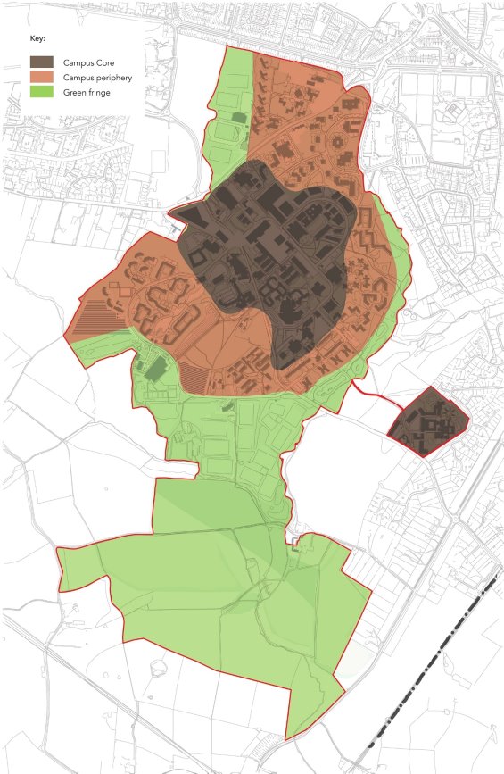 Plan of the campus showing the SPD boundary and identifying the campus core, campus periphery and green fringe areas in different colours. 