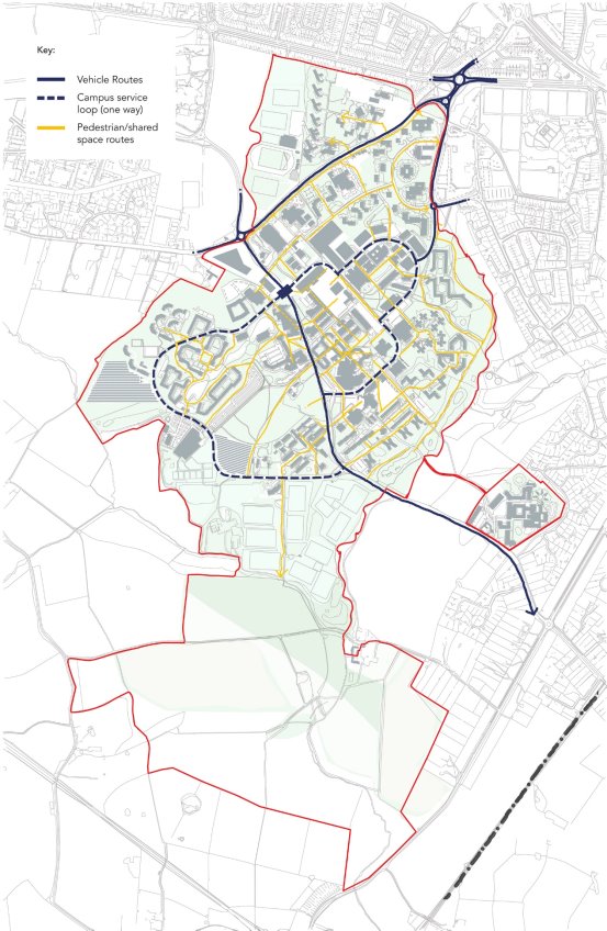 Plan of the campus showing the SPD boundary and identifying locations of proposed pedestrian/shared space routes, vehicle routes and the campus service one way route. 