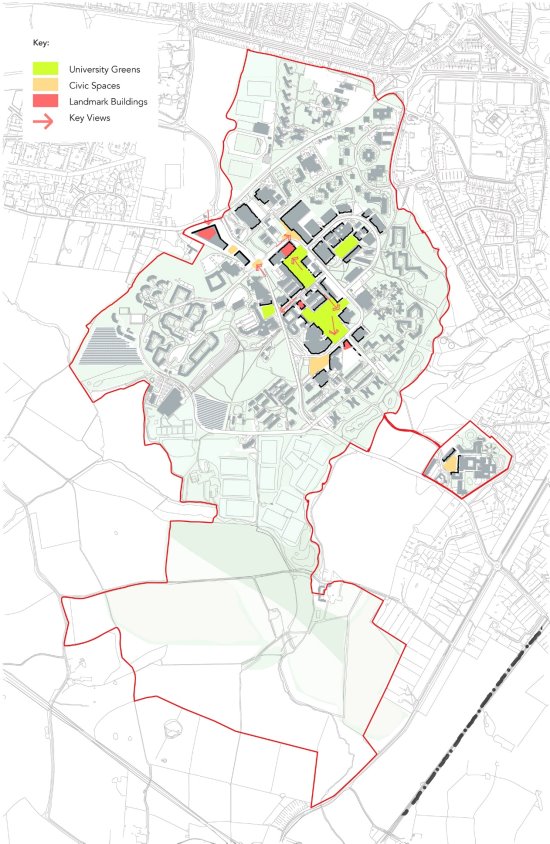 Plan of the campus showing the SPD boundary and identifying key active public spaces including proposed University greens, civic spaces landmark buildings and key views