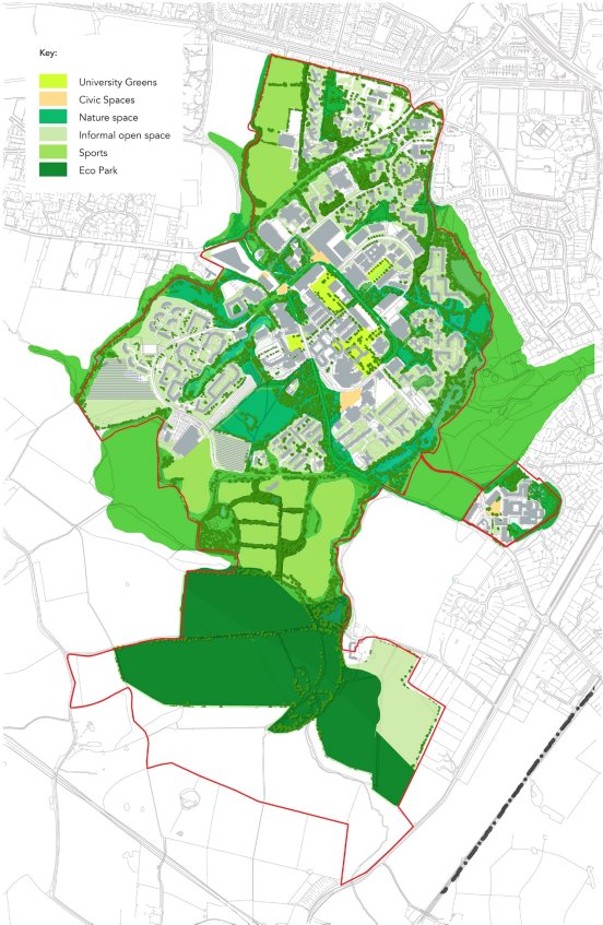 Plan of the campus showing the SPD boundary and identifying natural spaces on the campus including informal open space, sports fields, the proposed Eco Park, proposed University greens, civic spaces and nature spaces. 