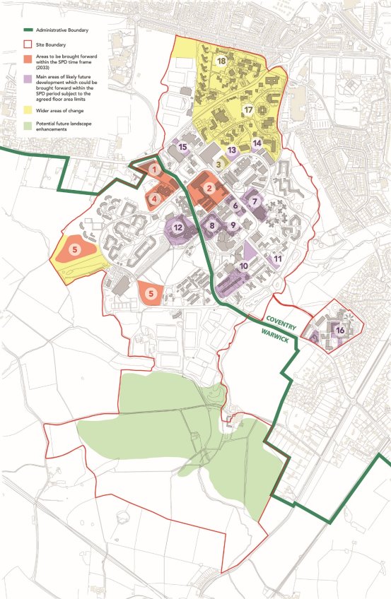 Plan of the campus showing the SPD boundary and identifying natural spaces on the campus including informal open space, sports fields, the proposed Eco Park, proposed University greens, civic spaces and nature spaces. 