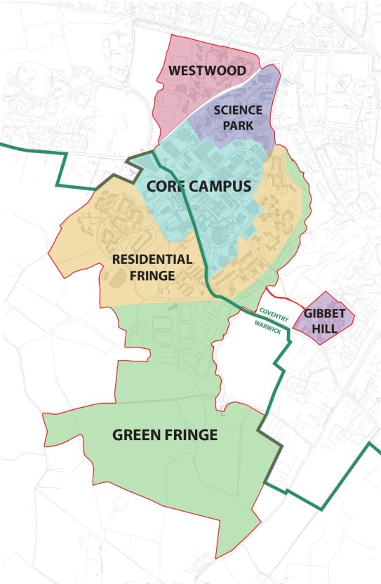 Plan of the campus showing the SPD boundary and identifying the different character areas (Westwood, Science Park, Core Campus, Residential Fringe, Green Fringe, Gibbet Hill) of the campus by colour.