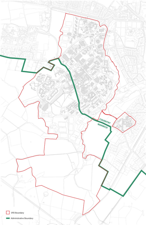 Plan showing the University campus and surrounding area, including the boundary of the land covered by the SPD outlined in red and the administrative boundaries of Warwick District Council and Coventry City Council in green. 
