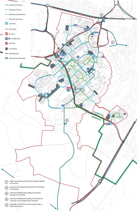 Plan of the campus showing the SPD boundary and identifying transport routes and connections and key proposed transport and connection improvements within the SPD boundary