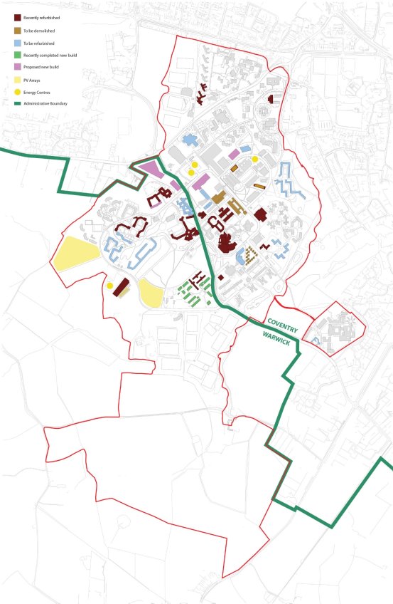 Plan of the campus showing the SPD boundary and identifying recently refurbished buildings, buildings to be demolished, recently completed new build development, proposed new build development, proposed location of solar PV arrays and proposed location of energy centre. 