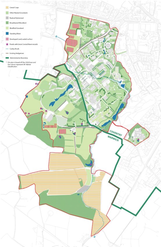 Plan of the campus showing the SPD boundary identifying areas of the campus by different colours depicting the natural state of the land including woodlands, areas of standing water and areas of modified grassland