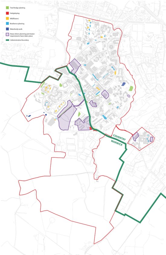 Plan of the campus showing the SPD boundary and identifying locations where ecological and biodiversity enhancements have taken place between 2020 and 2023, including wildflower planting, tree planting and ecological enhancements required through planning permissions. 