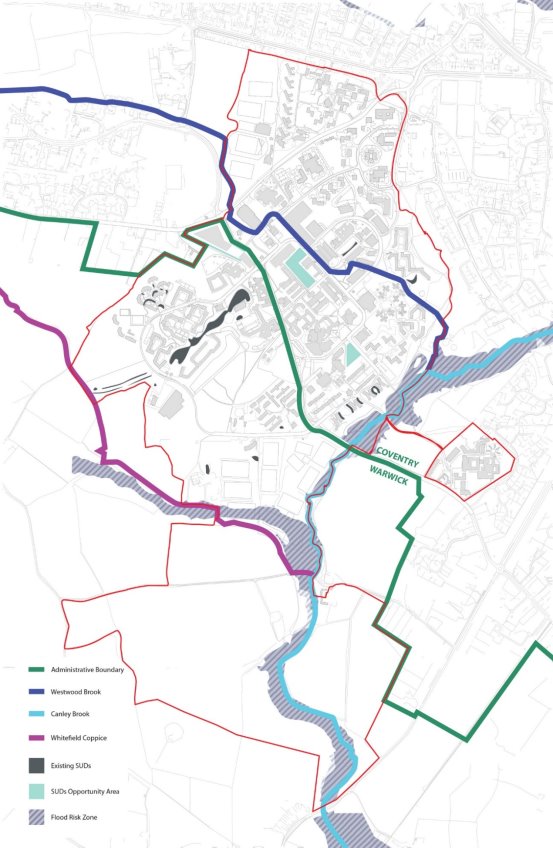 Plan of the campus showing the SPD boundary and identifying the locations of water courses and water bodies, flood risk zones, existing Sustainable Urban Drainage Systems and opportunity areas for Sustainable Urban Drainage Systems to be created