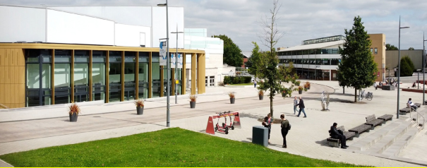 Photograph of the Warwick Arts Centre building and landscaped plaza which sits in front of the building