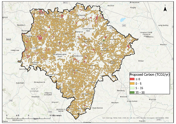 Map of the South Warwickshire area on an accurate base map showing the potential net increase in carbon sequestration (tonnes per grid square per year) as a result of implementing the most suitable identified Nature-based Solutions (NbS). The map uses coloured pixels to show the carbon sequestration opportunities in tonnes for the SWLP, with the majority of the map coloured in orange pixels meaning that Nature-based Solutions would generally provide less than 5 tonnes of carbon sequestration each year. There are small number of red pixels (approx. 400) which are identified as sequestering no carbon. There are an even smaller number (approx. 50) of green pixels where Nature-based Solutions would result in a net increase in carbon sequestration of more than 5 tonnes per grid square per year.