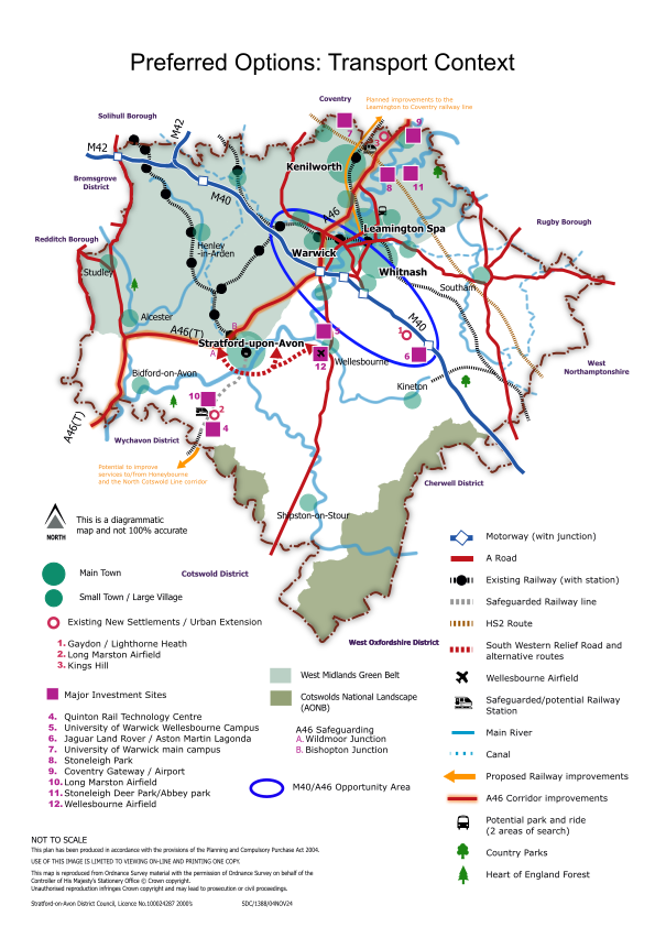 An illustrative map of the South Warwickshire area depicting the Core Opportunity Area for employment. This is shown as a pale orange shaded area which covers an irregular shape on the map. The Core Opportunity Area broadly covers the area down from the edge of Coventry in the north, south through Kenilworth, Leamington and Warwick, east covering Southam and then south west to Stratford-upon-Avon and on to Bidford-on-Avon. The shaded area includes a wide hinterland including the towns of Alcester, Barford and Wellesbourne.  The map also depicts areas of Green Belt land (covering land to the north of Stratford and Leamington / Warwick to the district boundaries), and areas of the Cotswold AONB (covering a fringe area along the southern boundary). Main towns and small towns/large villages are also shown.