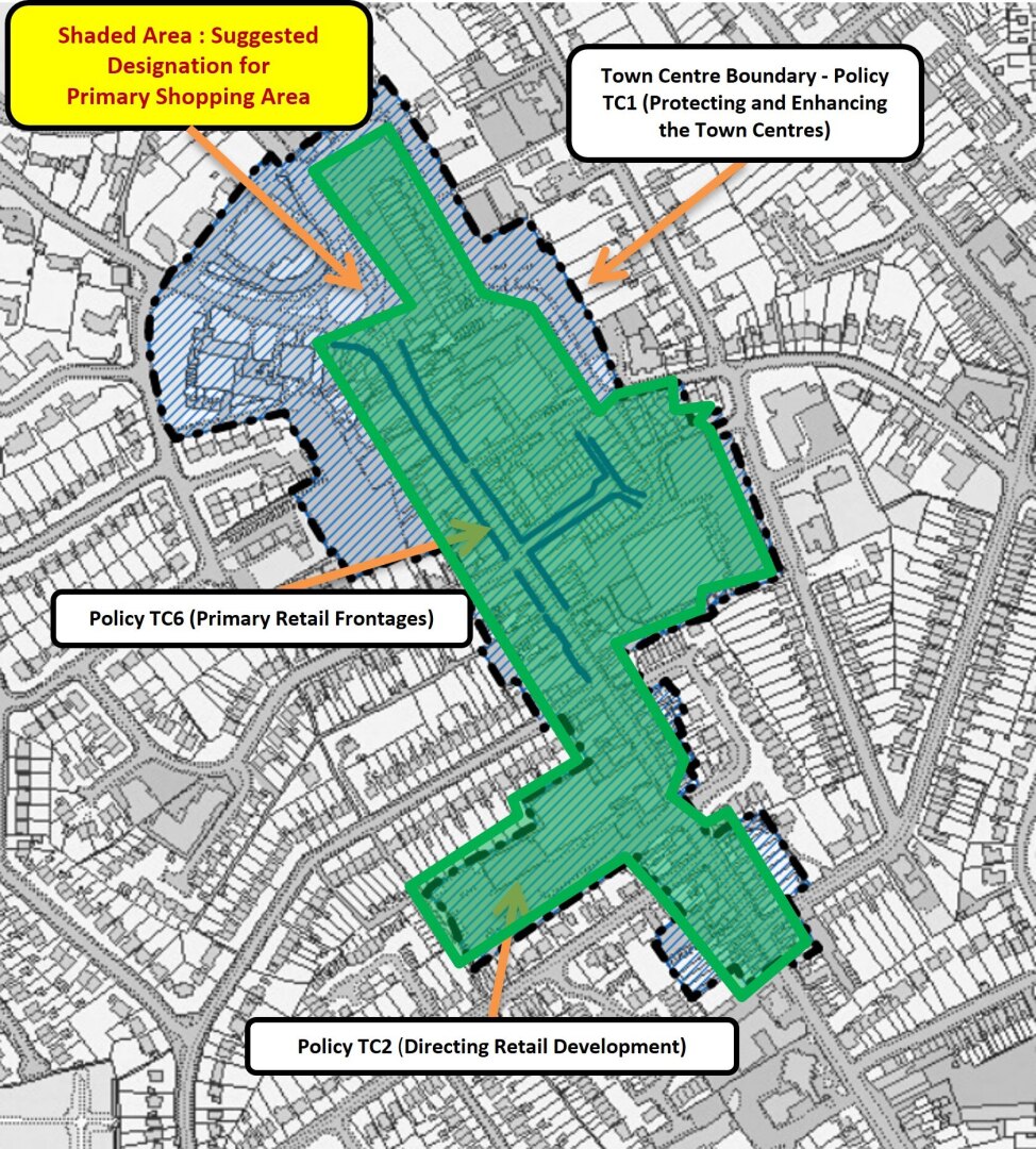 Map of Kenilworth Town Centre on an accurate base map depicting the proposed change to designate a Primary Shopping Area. The map has a number of lines/shaded areas which are described as follows: •	Town Centre Boundary (black dot-dash line) •	Suggested Primary Shopping Area (shaded green) •	Current Primary Retail Frontages (solid blue line) •	Current Retail Area (blue hatching)