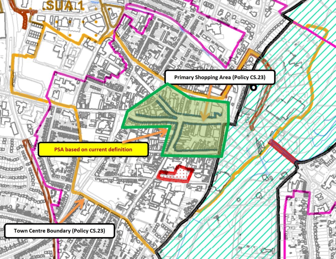 Map of Stratford-upon-Avon Town Centre on an accurate base map depicting that there are no changes proposed to the Primary Shopping Area. The map has a number of lines/shaded areas which are described as follows: •	Town Centre Boundary (solid orange line) •	Current Primary Shopping Area (shaded green and with solid blue lines on roads as per current annotation)