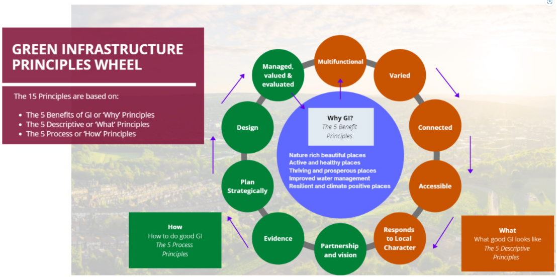 A circular diagram setting out the 15 principles of Green Infrastructure (GI). The centre of the diagram is a blue circle containing the 5 benefit principles of GI. Around the blue circle are 5 green circles containing the 5 process principles of GI, and 5 orange circles containing the 5 descriptive principles of GI.