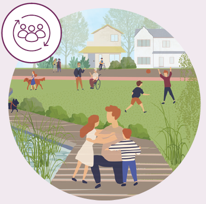 People gathering and children playing in a park, with houses and trees in the background.