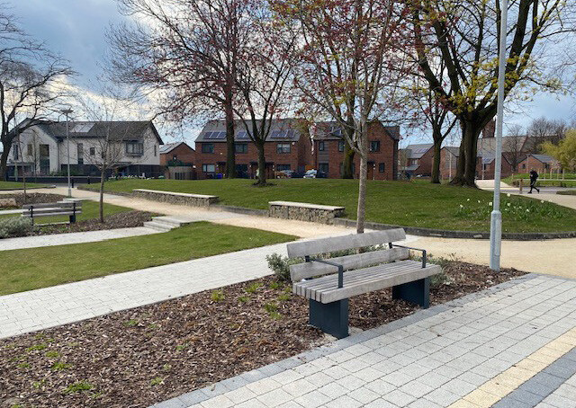 Precedent image showing benches and landscaping to create safe areas for teenagers and children, benefiting from natural surveillance
