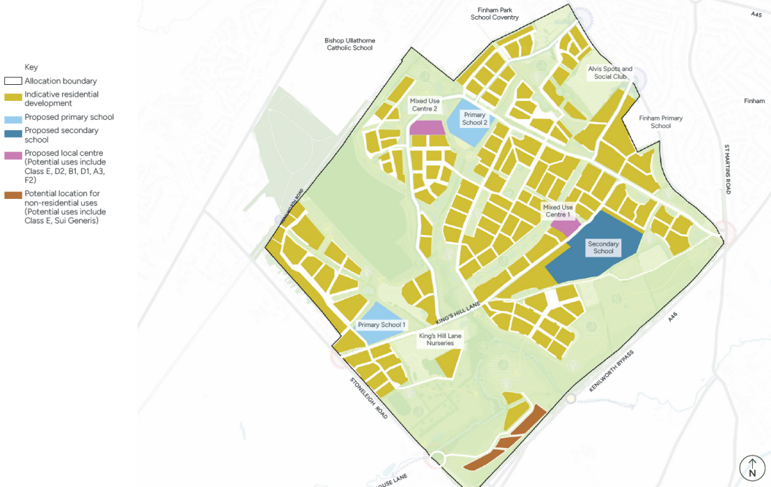Plan showing the proposed land use framework covering areas of indicative residential development, the primary schools, secondary school, mixed use centres and non-residential uses adjacent to the A46 (southern corner only)