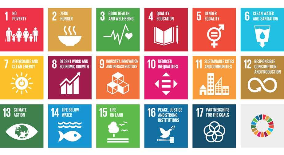 An illustration showing the United Nations Sustainable Development Goals principles:  1. No Poverty  2. Zero Hunger  3. Good Health and Well-Being  4. Quality Education  5. Gender Equality  6. Clean Water and Sanitation  7. Affordable and Clean Energy  8. Decent Work and Economic Growth  9. Industry, Innovation and Infrastructure  10. Reduced Inequalities  11. Sustainable Cities and Communities  12. Responsible Consumption and Production  13. Climate Action  14. Life Below Water  15. Life on Land  16. Peace, Justice and Strong Institutions  17. Partnerships for the Goals