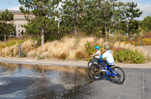Two children riding bikes in a park.