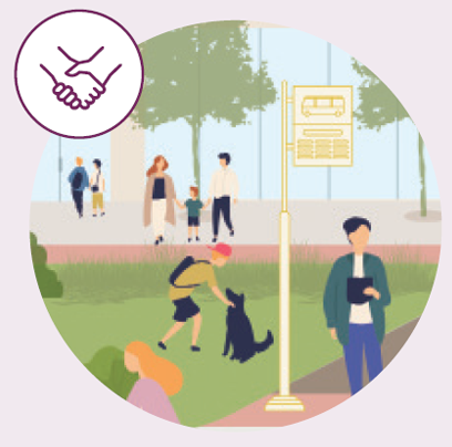 A person with a backpack interacts with a dog in a park, in the background, a family and a couple walk along a path with trees and a bus stop.