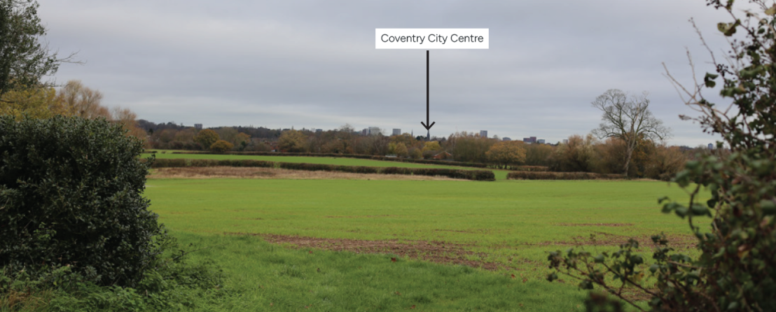 A photo from King’s Hill Lane showing a view towards spires in Coventry City Centre