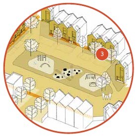 Residential buildings situated around the perimeter of a public park.