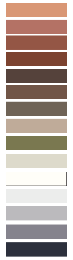 Vertical strip of earth-tone and grey color swatches.