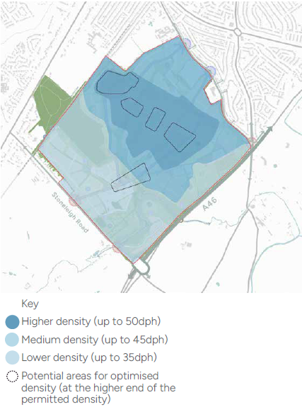 A density zones plan showing areas of highest density (up to 50dph) towards the middle of the site, medium density (up to 45dph) beyond and lower density (up to 35dph) on the edges