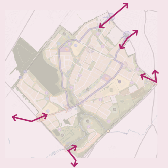 Map showing connections to key external routes, including the university and a long-distance walking path