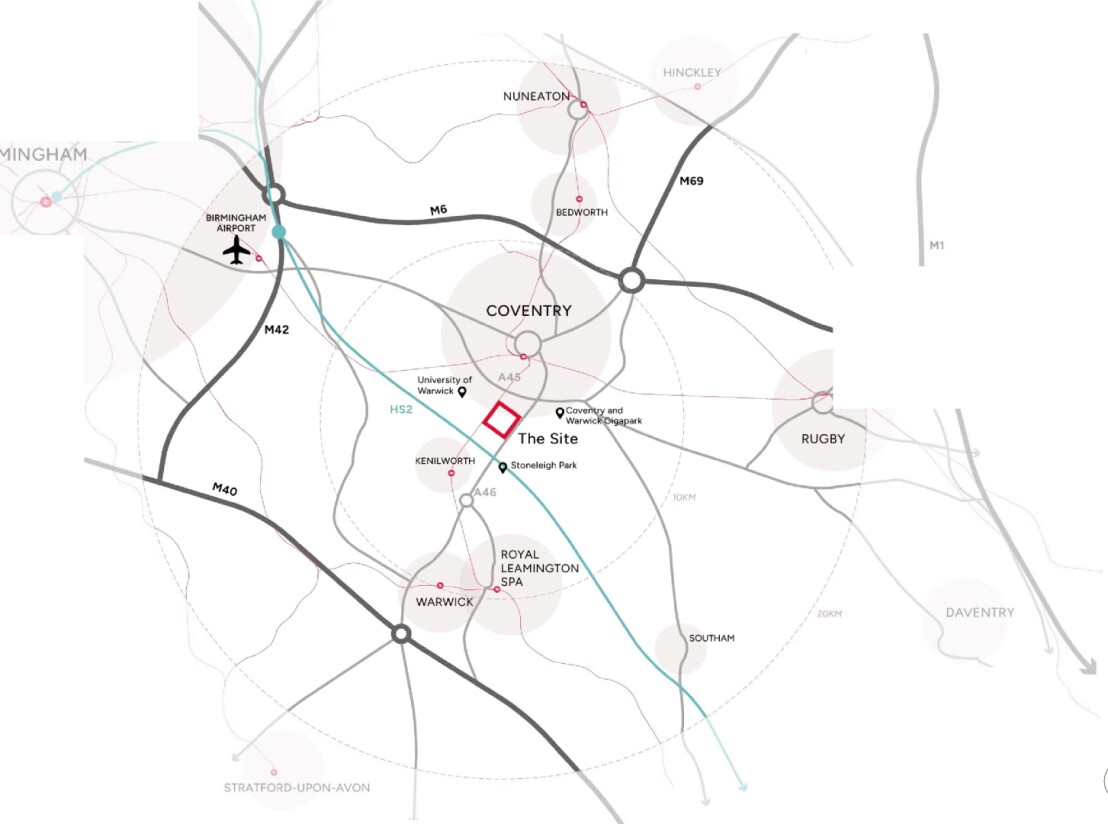 A schematic plan showing where Kings Hill is located in the wider area – i.e. as a southern extension to Coventry and east of the railway line