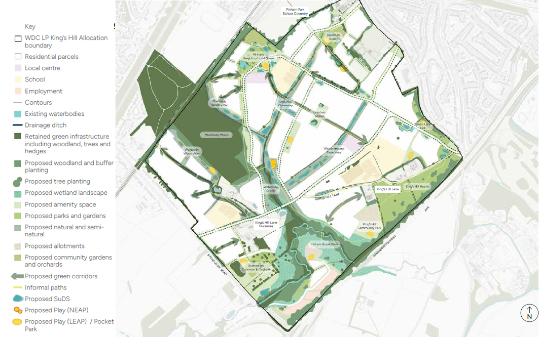 Plan showing the proposed green and blue infrastructure network including proposed SUDs, buffers, planting and key corridors