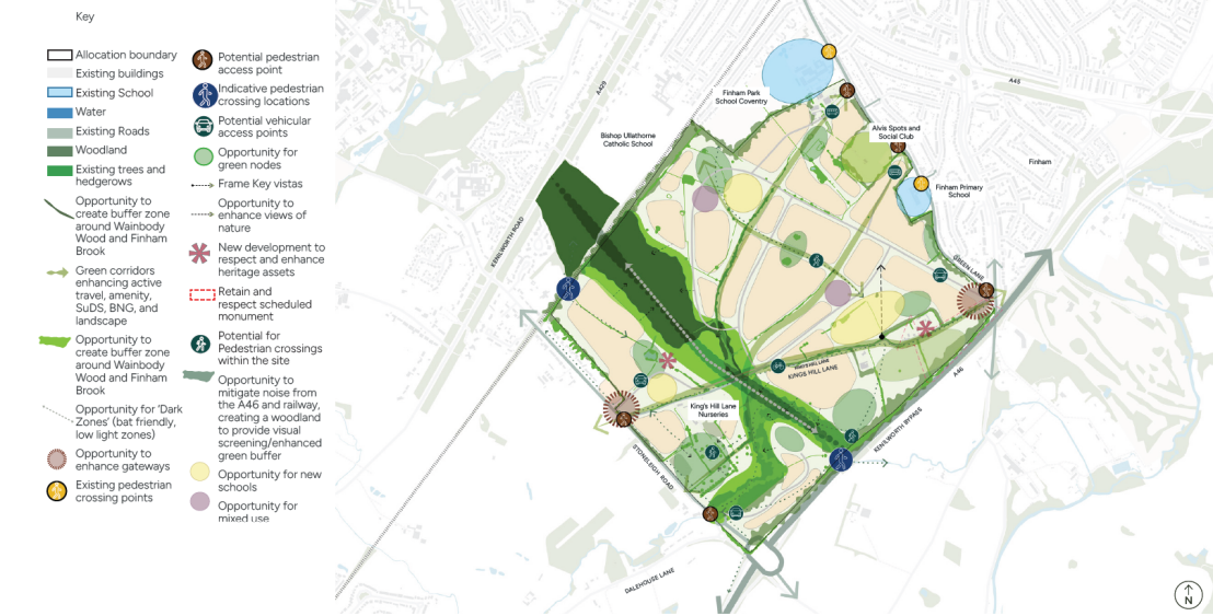 An opportunities plan showing potential green and blue corridors, noise mitigation, access points, areas for key facilities, open spaces, vistas and nodes