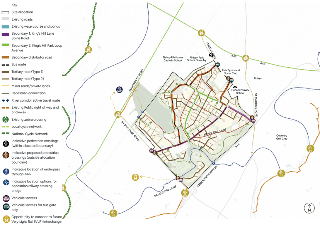 A plan showing the proposed movement framework within the site including the spine road from Stoneleigh Road to the St Martins Road/Green Lane junction, as well as bus routes and very light rail routes