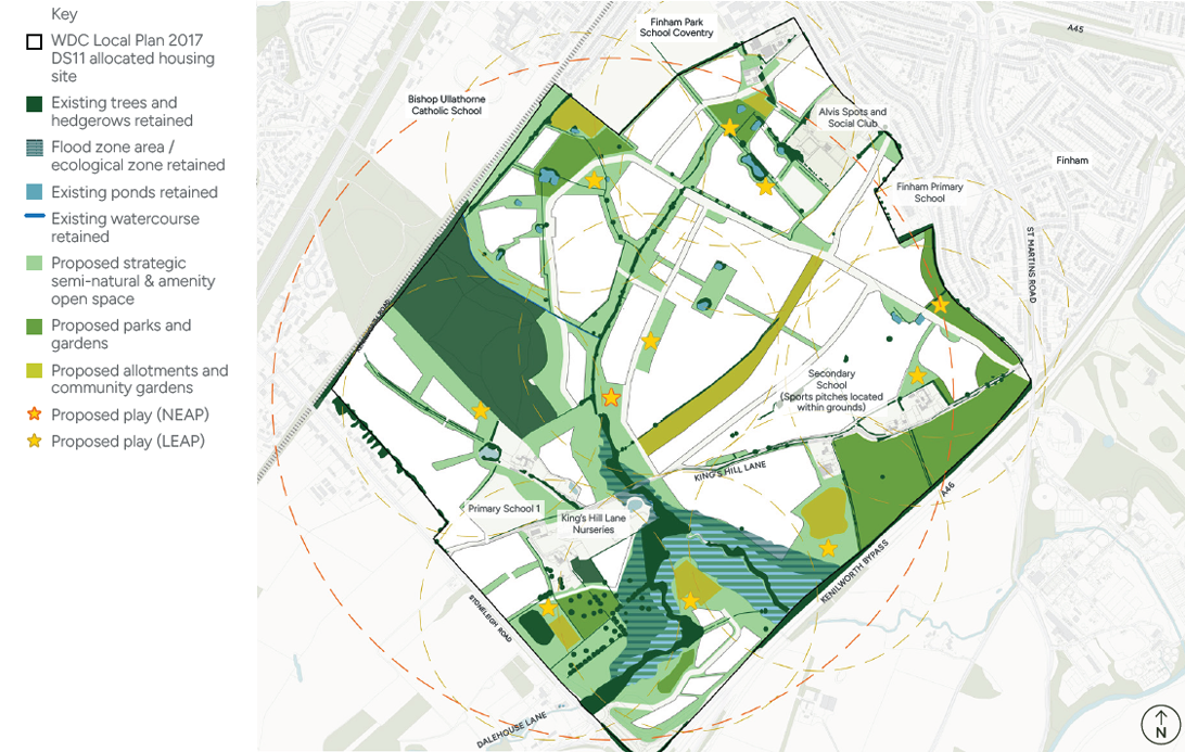 The public open space framework plan showing proposed parks and gardens, semi-natural and amenity space, play areas and allotments or community gardens