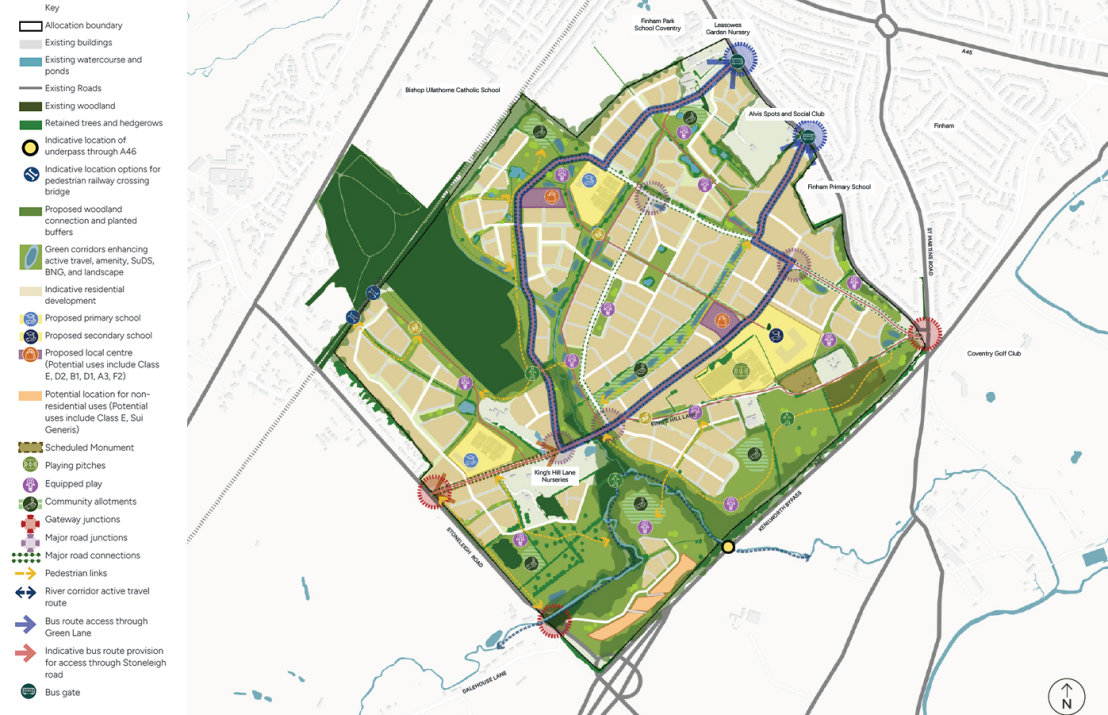 The masterplan image showing how the site is intended to be developed. This includes proposed residential development parcels, locations of the schools, bus routes, proposed local centres with shops and facilities, areas of open space, play areas and access points. Please ring 01926 456504 if this requires further explanation.