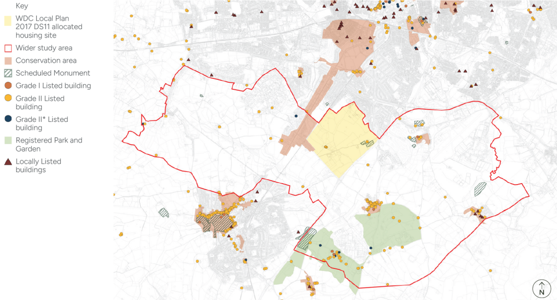 A plan showing heritage and archaeological features like scheduled monuments and listed buildings within the Kings Hill site, as well as features in the wider area