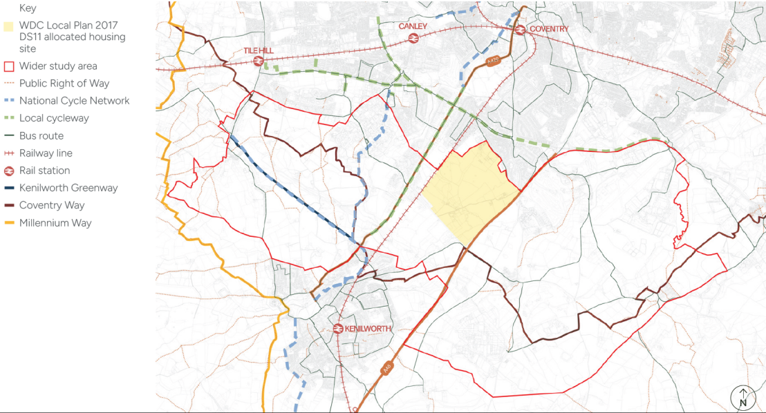 A plan showing key transport info at the strategic level including the railway line, A429 Kenilworth Road, national cycle network and the Coventry Way long distance walking route