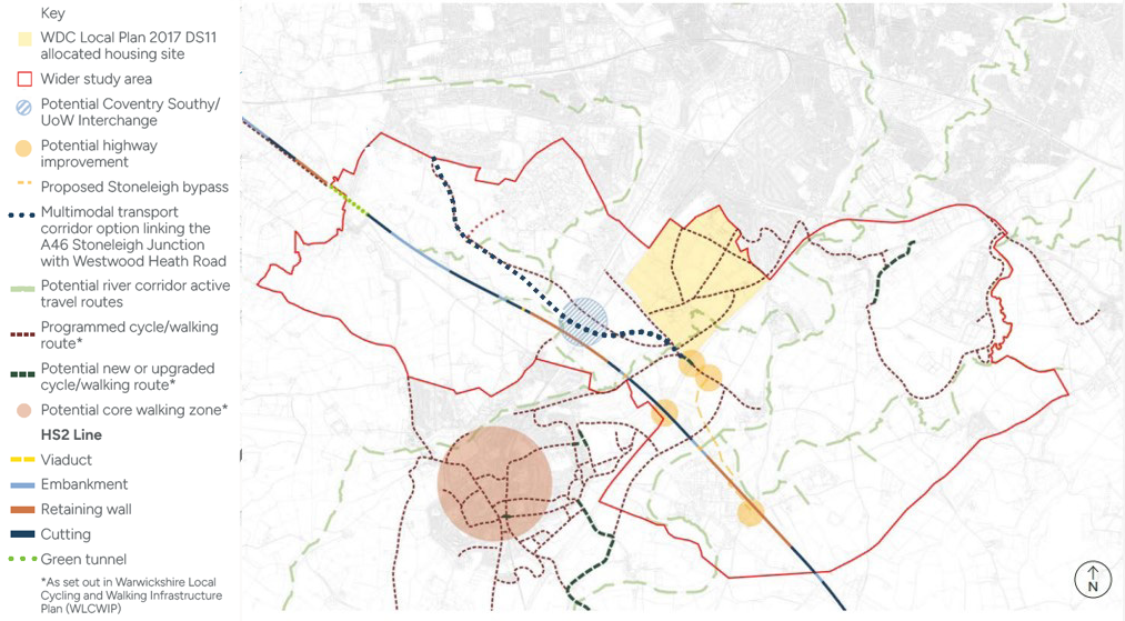 A plan showing proposed transport schemes including the proposed multimodal transport corridor, Stoneleigh Bypass, junction improvements and walking and cycling schemes in the site and wider area
