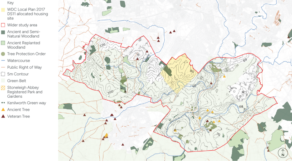 A plan showing existing landscape features including topography contours, ancient woodland, green belt, public rights of way and ancient and veteran trees