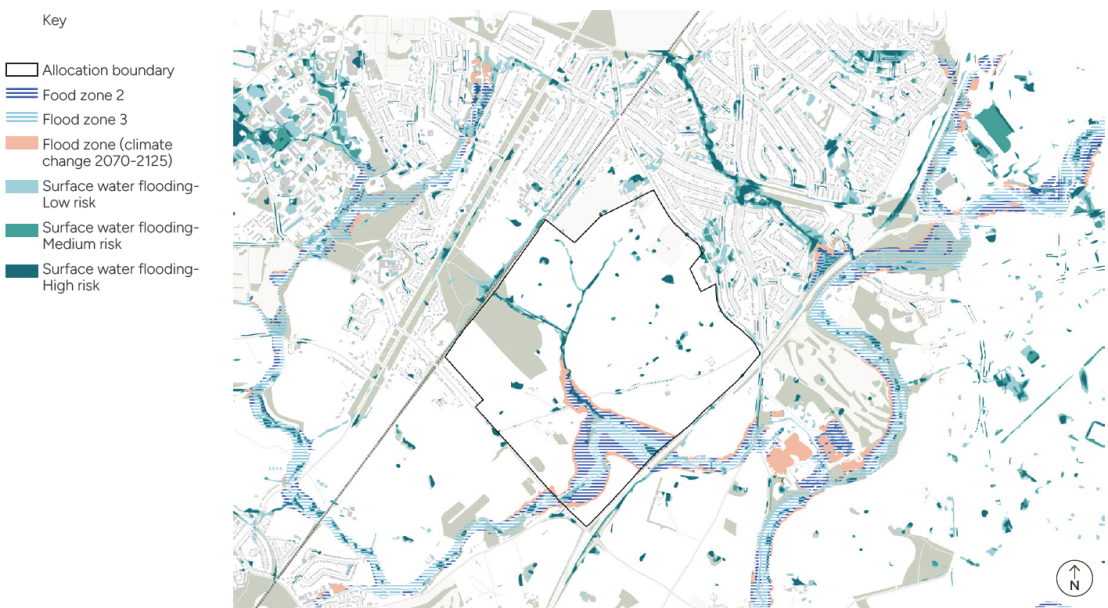 A plan showing areas of flood risk including flood zones 2 and 3, a wider ‘climate change 2070-2125’ extent as well as areas of surface water flooding (low, medium and high risk)