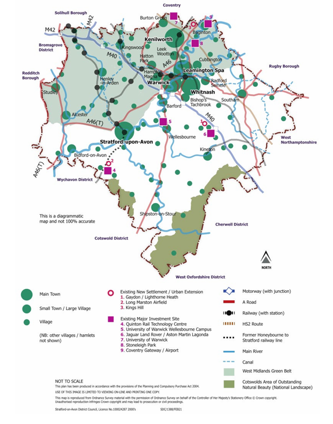 Map of Warwickshire district showing towns, villages, roads, railways, canals, and areas of natural beauty, with a legend explaining symbols and colour coding.