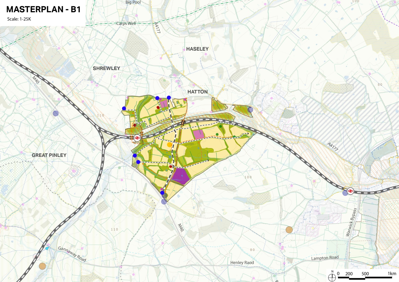 Map of Hatton and Shrewley showing road networks, green spaces, and various marked locations in yellow, green, and purple zones, with blue and red pins.