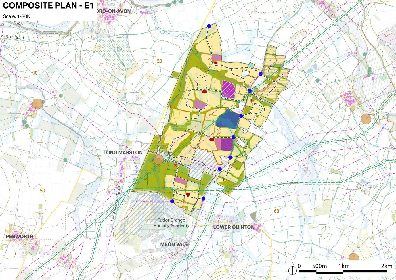 Map of Meon Vale, Long Marston, and Lower Quinton with colour-coded zones, boundaries, roads, landmarks including Tudor Grange Primary Academy, and blue and red markers.