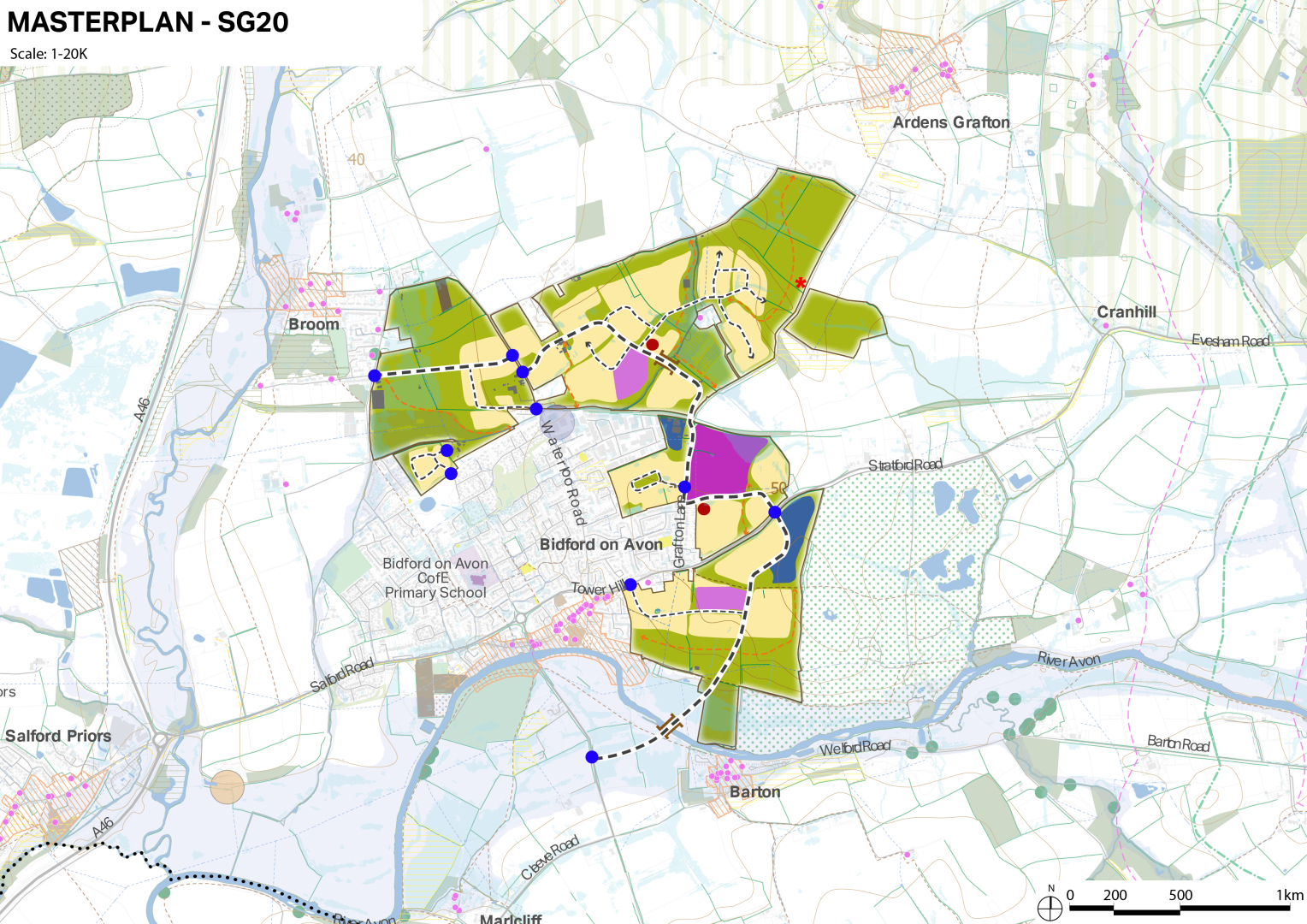 Map of Bidford-on-Avon with colour-coded land areas and marked schools, connected by a dashed blue-line route with red and blue dots.