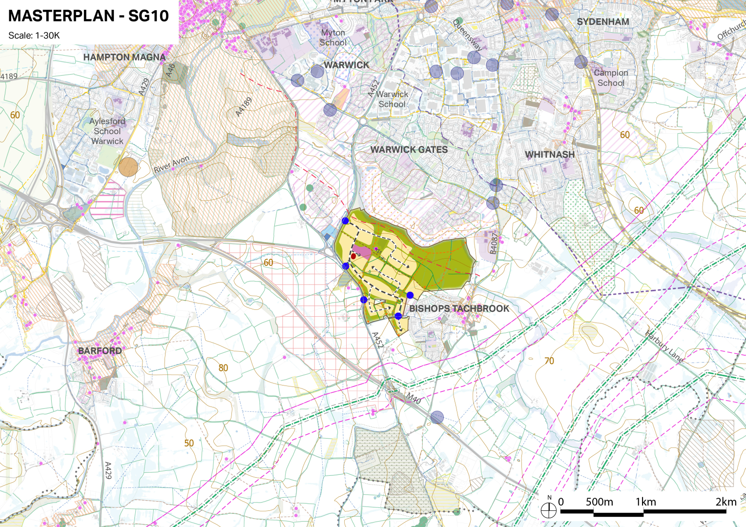 Map of Bishops Tachbrook with green and yellow zoned areas, dashed lines, and blue marker points.