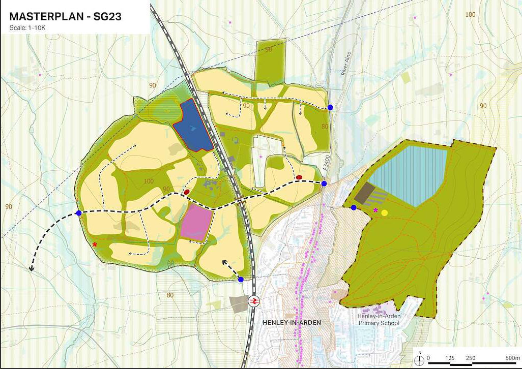 Coloured zonal map with boundaries, roads, and a river, showing Henley-in-Arden and Henley-in-Arden Primary School.
